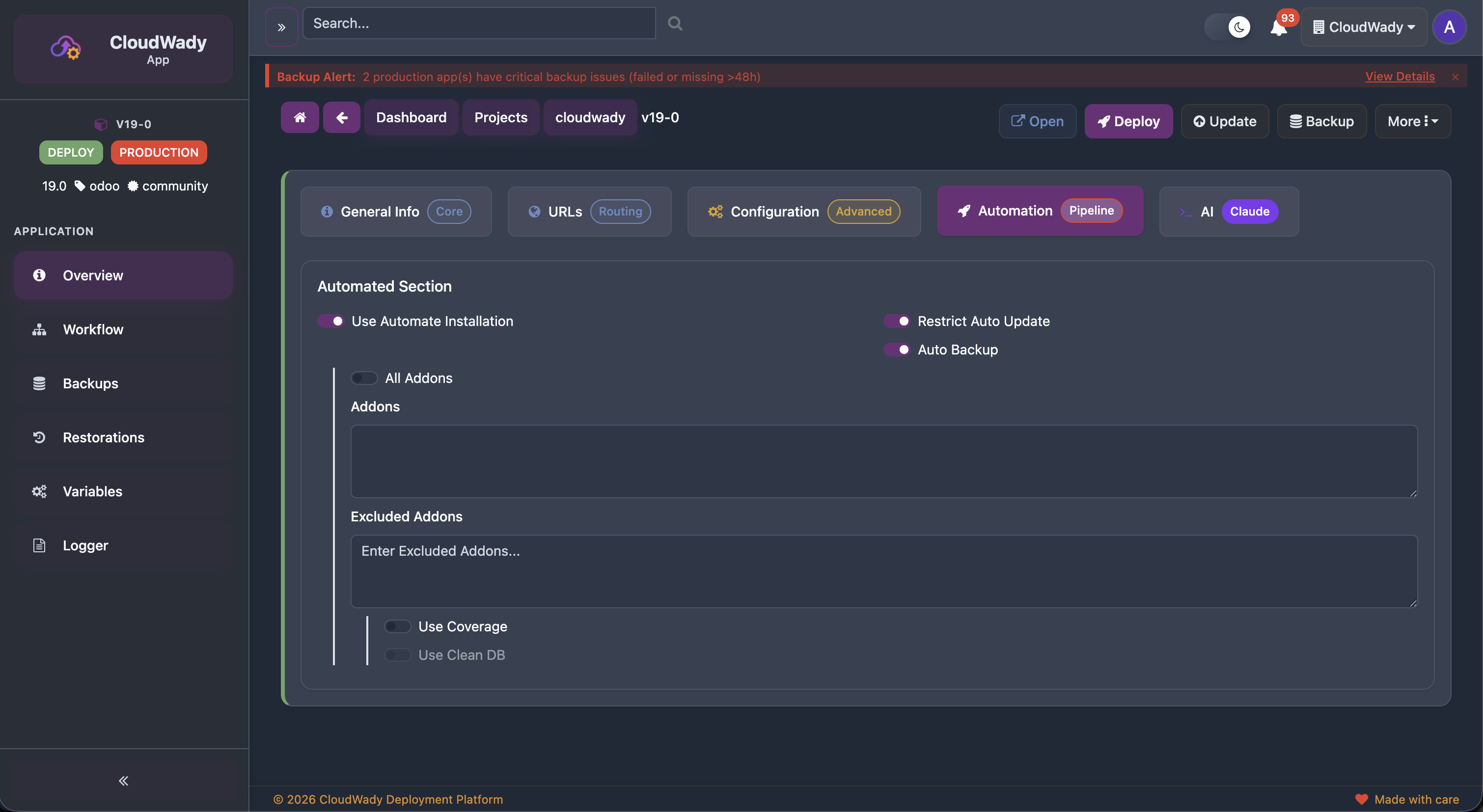 CloudWady Application Screen